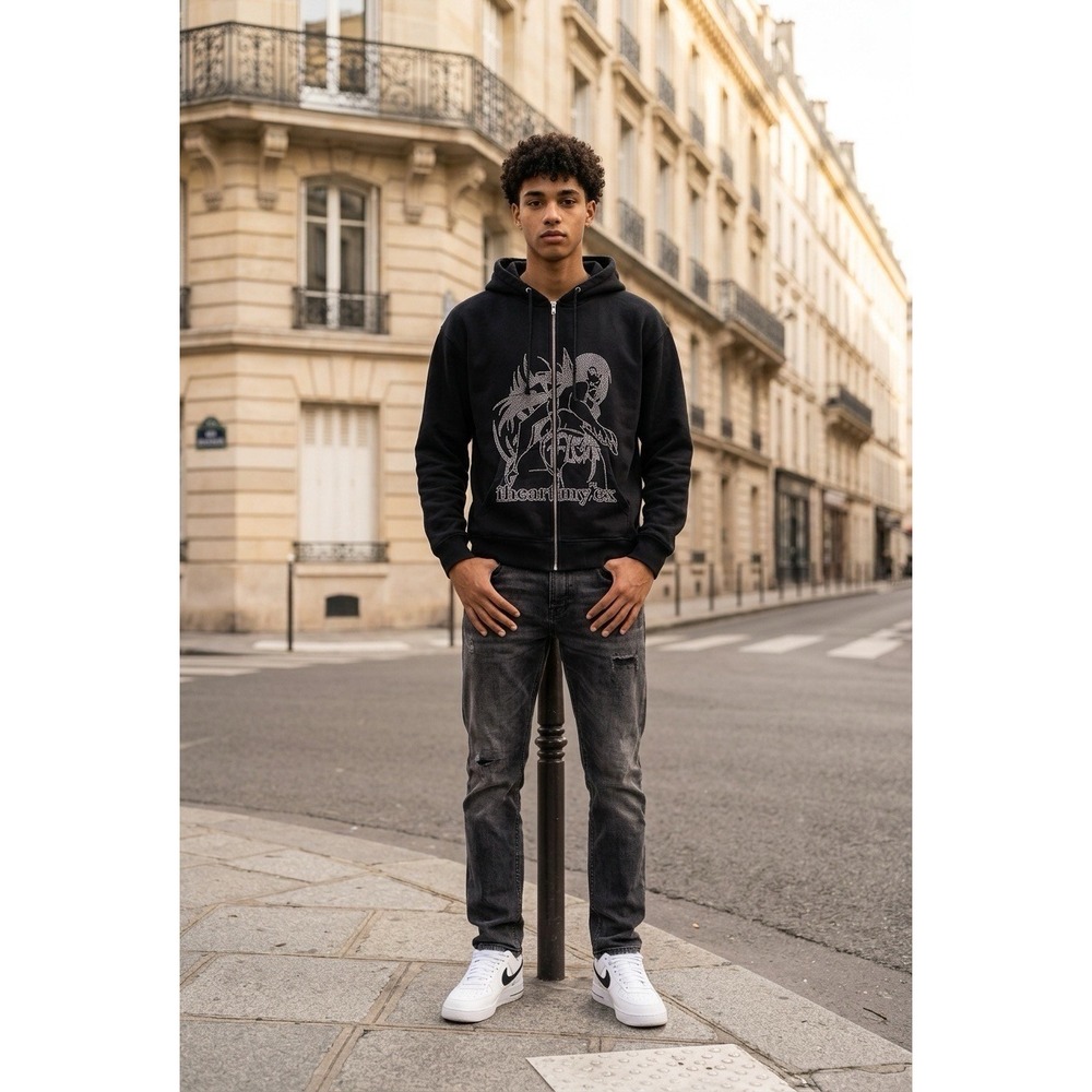 Flex I Heart My Fl -Ex Rhinestone Zip Up Hoodie Black Anime Graphic Streetwear